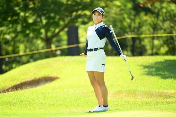 Yuna Takagi of Japan reacts after her approach onto the 2nd green during the first round of the Ai Miyazato Suntory Ladies Open at Rokko Kokusai Golf...