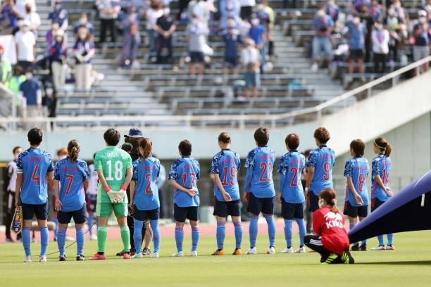 Japanese players line up for the national anthem prior to the women's international friendly match between Japan and Ukraine at Edion Stadium...