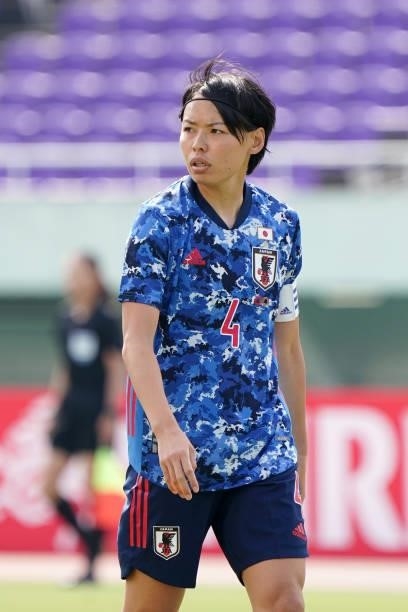 Saki Kumagai of Japan is seen during the women's international friendly match between Japan and Ukraine at Edion Stadium Hiroshima on June 10, 2021...