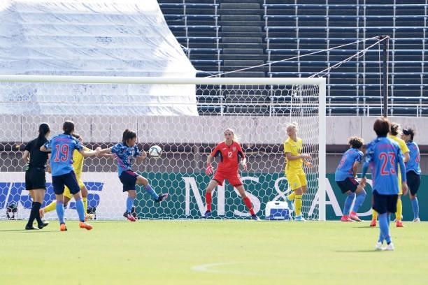 Mana Iwabuchi of Japan scores her side's second goal during the women's international friendly match between Japan and Ukraine at Edion Stadium...