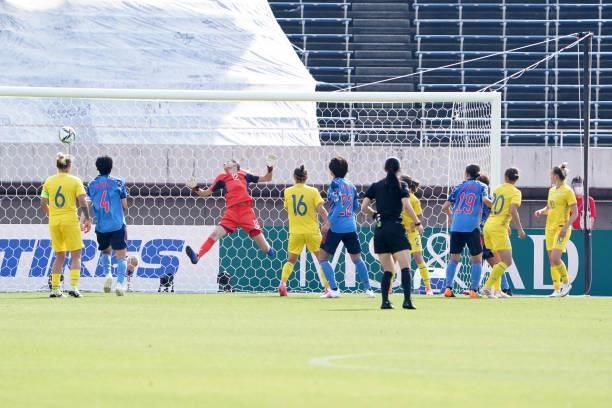 Saori Takarada of Japan scores her side's third goal during the women's international friendly match between Japan and Ukraine at Edion Stadium...