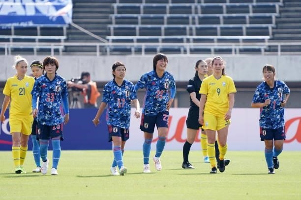 Saori Takarada of Japan celebrates scoring her side's third goal during the women's international friendly match between Japan and Ukraine at Edion...