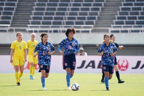 Saori Takarada of Japan celebrates scoring her side's third goal during the women's international friendly match between Japan and Ukraine at Edion...