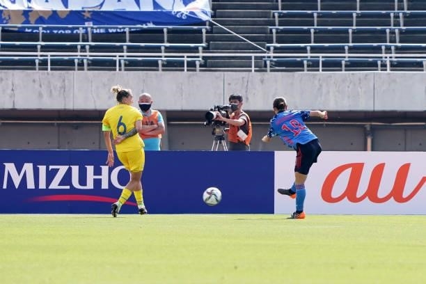 Yuzuho Shiokoshi of Japan scores her side's fourth goal during the women's international friendly match between Japan and Ukraine at Edion Stadium...