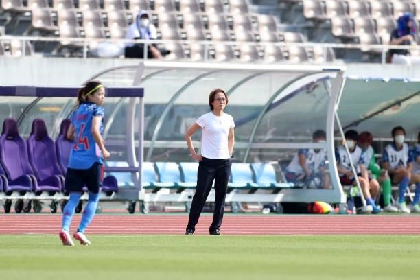 Head coach Asako Takakura of Japan is seen during the women's international friendly match between Japan and Ukraine at Edion Stadium Hiroshima on...