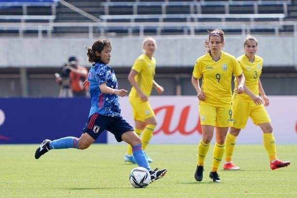 Emi Nakajima of Japan in action during the women's international friendly match between Japan and Ukraine at Edion Stadium Hiroshima on June 10, 2021...