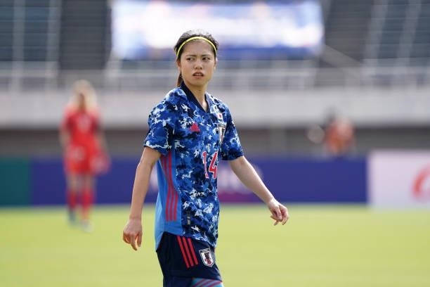 Yui Hasegawa of Japan is seen during the women's international friendly match between Japan and Ukraine at Edion Stadium Hiroshima on June 10, 2021...