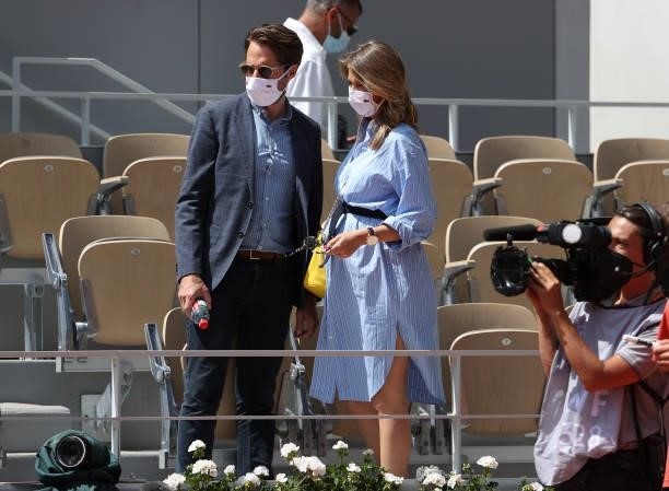 Pregnant Ophelie Meunier and husband Mathieu Vergne attend day 11 of the 2021 Roland-Garros, French Open, a Grand Slam tennis tournament at...
