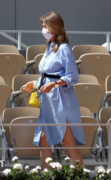 Pregnant Ophelie Meunier attends day 11 of the 2021 Roland-Garros, French Open, a Grand Slam tennis tournament at Roland-Garros stadium on June 9,...