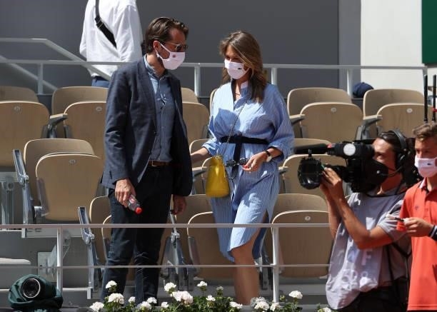 Pregnant Ophelie Meunier and husband Mathieu Vergne attend day 11 of the 2021 Roland-Garros, French Open, a Grand Slam tennis tournament at...