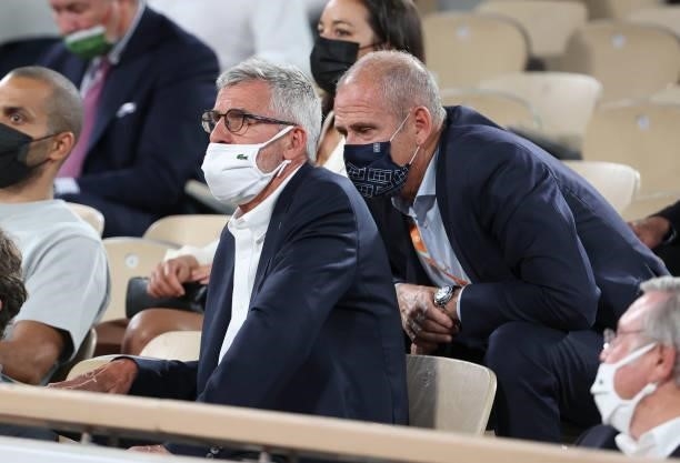 Gilles Moretton, President of French Tennis Federation FFT, Guy Forget, Director of Roland-Garros attend the night session of day 11 of the 2021...
