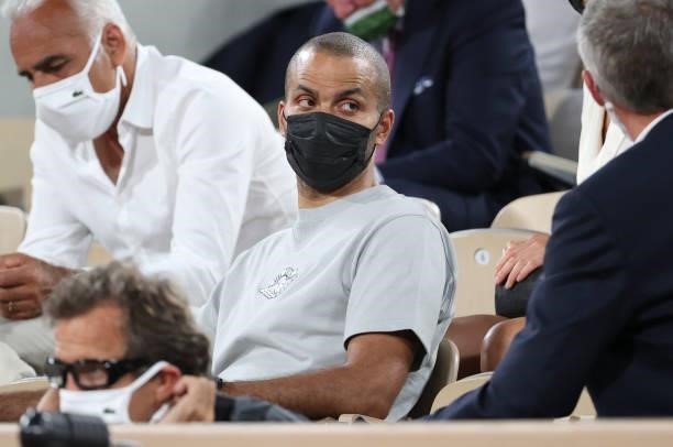 Tony Parker attends the night session of day 11 of the 2021 Roland-Garros, French Open, a Grand Slam tennis tournament at Roland-Garros stadium on...
