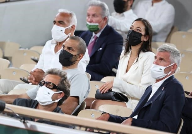 From left, Fabien Galthie, coach of French rugby team , Tony Parker, his girlfriend Alize Lim, President of French Tennis Federation FFT Gilles...