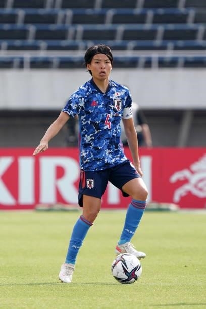 Saki Kumagai of Japan in action during the women's international friendly match between Japan and Ukraine at Edion Stadium Hiroshima on June 10, 2021...