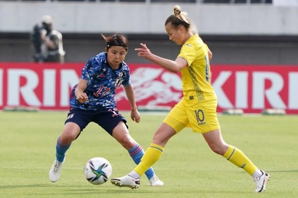 Nadiia Kunina of Ukraine takes on Narumi Miura of Japan during the women's international friendly match between Japan and Ukraine at Edion Stadium...
