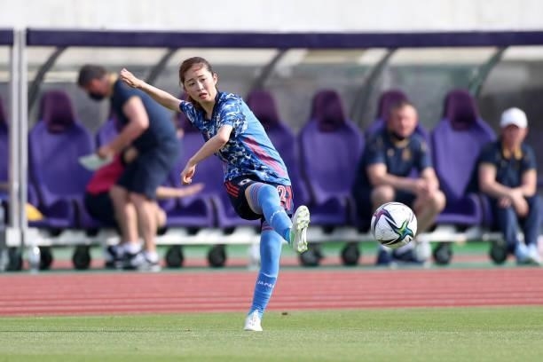 Risa Shimizu of Japan in action during the women's international friendly match between Japan and Ukraine at Edion Stadium Hiroshima on June 10, 2021...