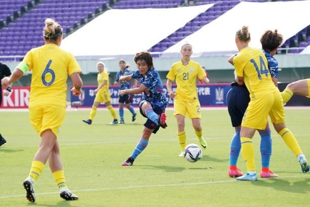 Mana Iwabuchi of Japan scores her side's fifth goal during the women's international friendly match between Japan and Ukraine at Edion Stadium...
