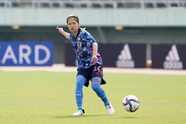 Yui Hasegawa of Japan in action during the women's international friendly match between Japan and Ukraine at Edion Stadium Hiroshima on June 10, 2021...