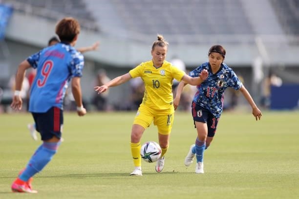 Nadiia Kunina of Ukraine controls the ball under pressure of Narumi Miura of Japan during the women's international friendly match between Japan and...