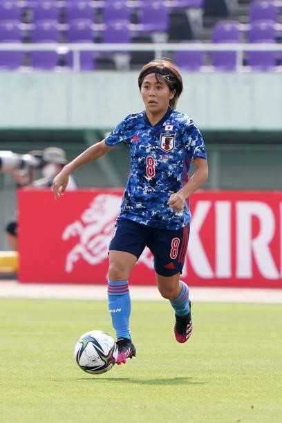 Mana Iwabuchi of Japan in action during the women's international friendly match between Japan and Ukraine at Edion Stadium Hiroshima on June 10,...
