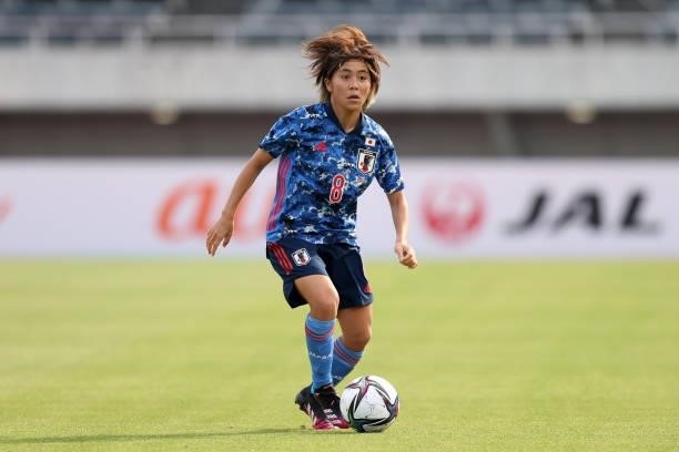 Mana Iwabuchi of Japan in action during the women's international friendly match between Japan and Ukraine at Edion Stadium Hiroshima on June 10,...