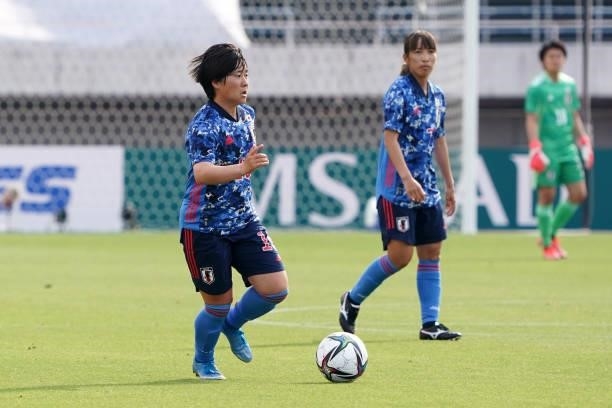 Yuka Momiki of Japan in action during the women's international friendly match between Japan and Ukraine at Edion Stadium Hiroshima on June 10, 2021...