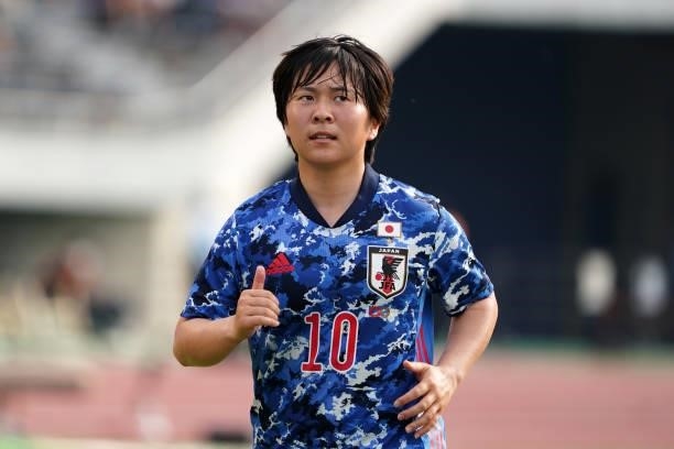 Yuka Momiki of Japan is seen during the women's international friendly match between Japan and Ukraine at Edion Stadium Hiroshima on June 10, 2021 in...