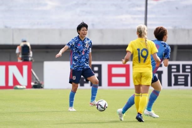 Saki Kumagai of Japan in action during the women's international friendly match between Japan and Ukraine at Edion Stadium Hiroshima on June 10, 2021...