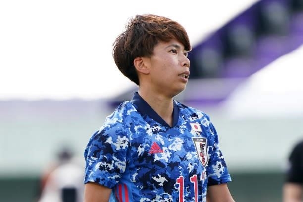 Mina Tanaka of Japan reacts during the women's international friendly match between Japan and Ukraine at Edion Stadium Hiroshima on June 10, 2021 in...