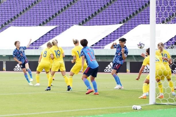 Hina Sugita of Japan scores her side's sixth goal during the women's international friendly match between Japan and Ukraine at Edion Stadium...