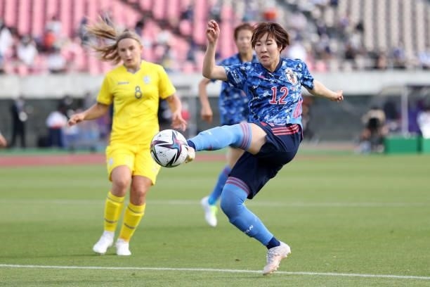 Jun Endo of Japan in action during the women's international friendly match between Japan and Ukraine at Edion Stadium Hiroshima on June 10, 2021 in...