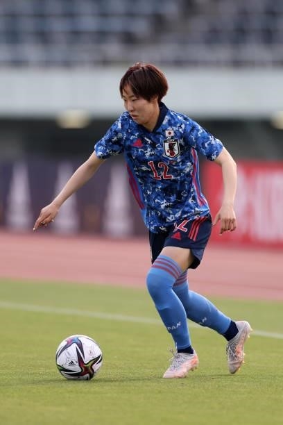 Jun Endo of Japan in action during the women's international friendly match between Japan and Ukraine at Edion Stadium Hiroshima on June 10, 2021 in...