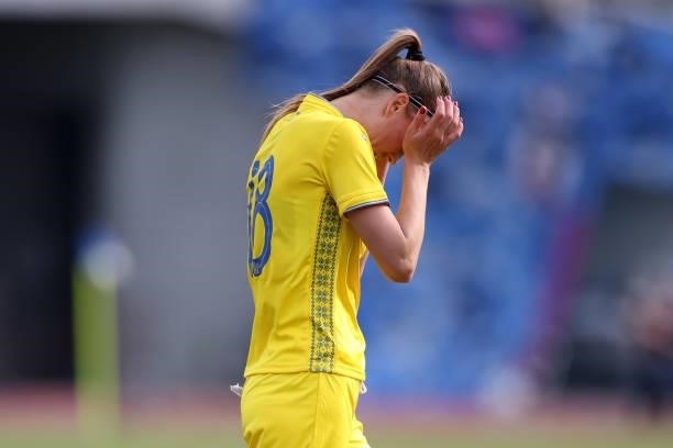 Kateryny Korsun of Ukraine reacts during the women's international friendly match between Japan and Ukraine at Edion Stadium Hiroshima on June 10,...