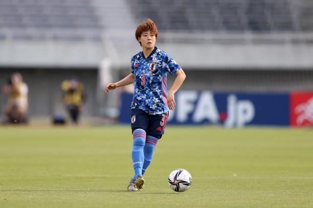 Mayo Doko of Japan in action during the women's international friendly match between Japan and Ukraine at Edion Stadium Hiroshima on June 10, 2021 in...