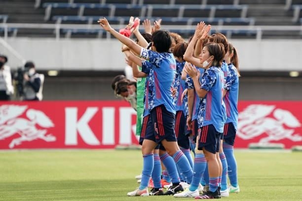 Japan players applaud fans after their 8-0 victory in the women's international friendly match between Japan and Ukraine at Edion Stadium Hiroshima...