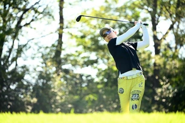 Asuka Ishikawa of Japan hits her tee shot on the 3rd hole during the first round of the Ai Miyazato Suntory Ladies Open at Rokko Kokusai Golf Club on...