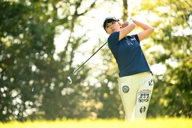 Karen Gondo of Japan hits her tee shot on the 3rd hole during the first round of the Ai Miyazato Suntory Ladies Open at Rokko Kokusai Golf Club on...