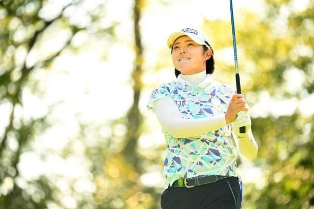 Rie Tsuji of Japan hits her tee shot on the 3rd hole during the first round of the Ai Miyazato Suntory Ladies Open at Rokko Kokusai Golf Club on June...