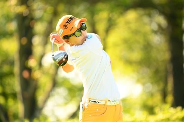 Chie Arimura of Japan hits her tee shot on the 17th hole during the first round of the Ai Miyazato Suntory Ladies Open at Rokko Kokusai Golf Club on...