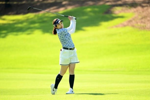 Sumika Nakasone of Japan hits her second shot on the 17th hole during the first round of the Ai Miyazato Suntory Ladies Open at Rokko Kokusai Golf...