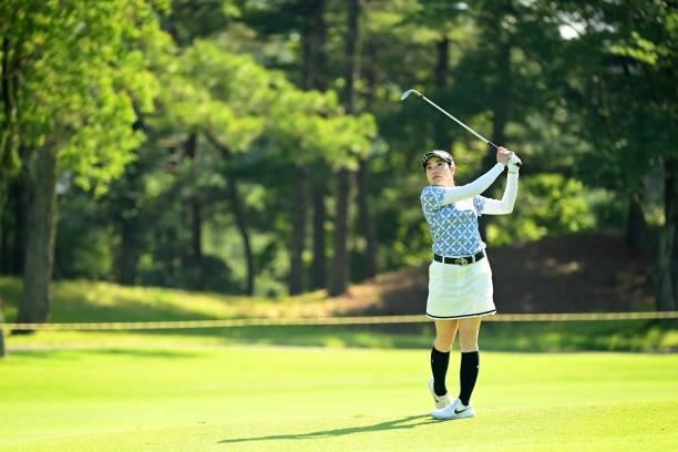 Sumika Nakasone of Japan hits her third shot on the 17th hole during the first round of the Ai Miyazato Suntory Ladies Open at Rokko Kokusai Golf...