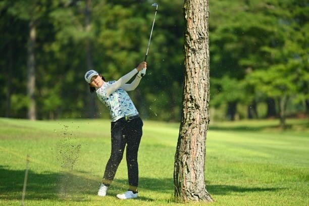 Rie Tsuji of Japan hits her second shot on the 2nd hole during the first round of the Ai Miyazato Suntory Ladies Open at Rokko Kokusai Golf Club on...