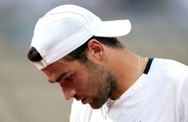 Matteo Berrettini of Italy in his Quarter Final match against Novak Djokovic of Serbia during day eleven of the 2021 French Open at Roland Garros on...