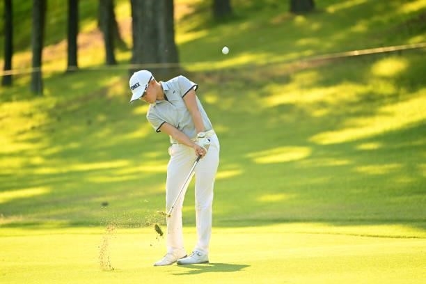 Amateur Akie Iwai of Japan hits her third shot on the 17th hole during the first round of the Ai Miyazato Suntory Ladies Open at Rokko Kokusai Golf...