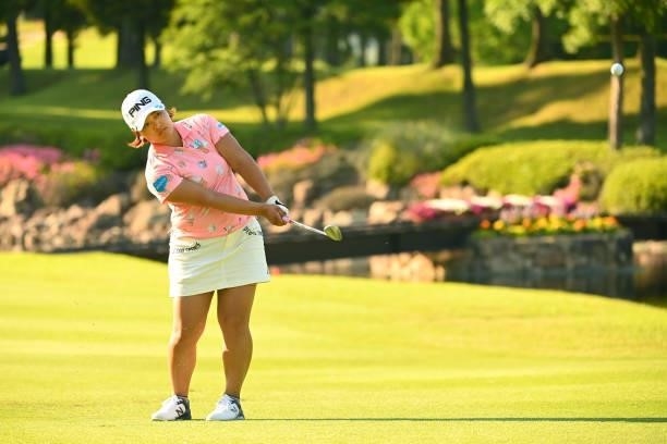 Ai Suzuki of Japan hits her third shot on the 18th hole during the first round of the Ai Miyazato Suntory Ladies Open at Rokko Kokusai Golf Club on...