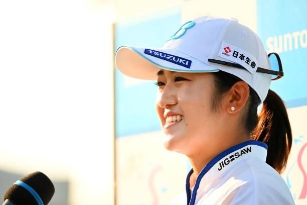 Mone Inami of Japan is interviewed after the first round of the Ai Miyazato Suntory Ladies Open at Rokko Kokusai Golf Club on June 10, 2021 in Kobe,...