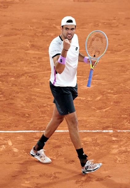 Matteo Berrettini of Italy celebrates a point in his Quarter Final match against Novak Djokovic of Serbia during day eleven of the 2021 French Open...