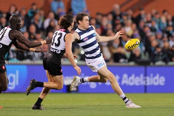 Jeremy Cameron of the Cats kicks for goal during the round 13 AFL match between the Port Adelaide Power and the Geelong Cats at Adelaide Oval on June...