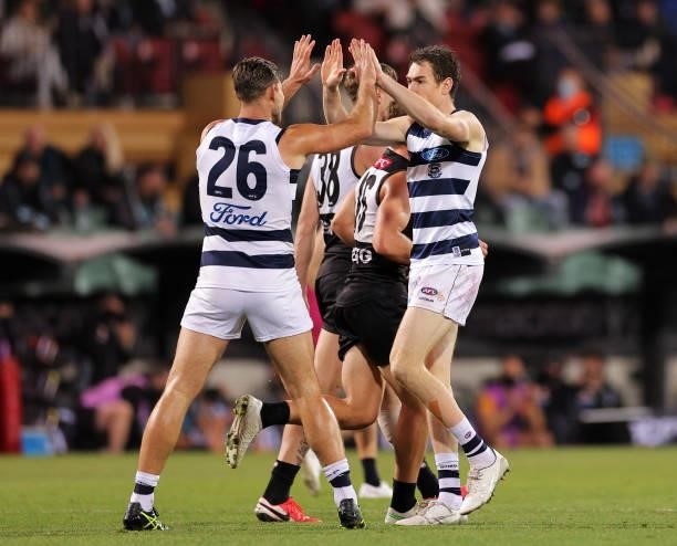 Tom Hawkins of the Cats and Jeremy Cameron of the Cats celebrate during the round 13 AFL match between the Port Adelaide Power and the Geelong Cats...