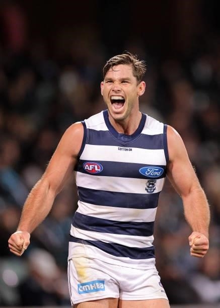 Tom Hawkins of the Cats celebrates after kicking a goal during the round 13 AFL match between the Port Adelaide Power and the Geelong Cats at...